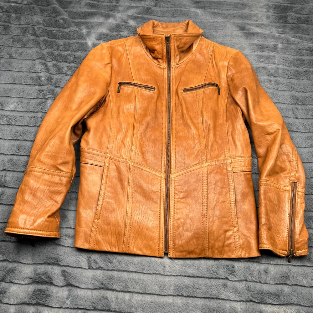 Anne Klein Womens XL Cognac Tan Genuine Leather Zip Up Moto Jacket Belted Coat